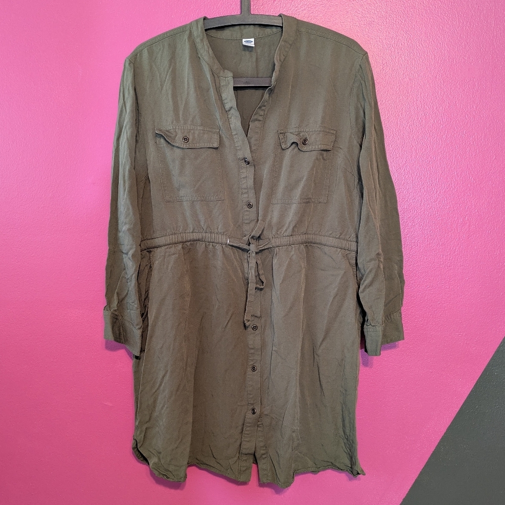 Old Navy Olive Green Button Down Utility Tunic Shirt Dress XL